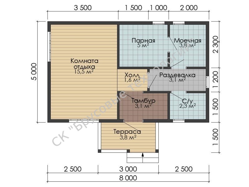 Планировка бани 5х8 с туалетом